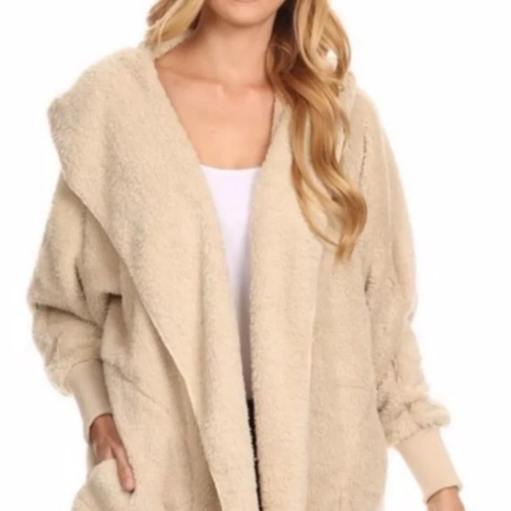 T-Party faux fur Sherpa hooded cardigan in tan